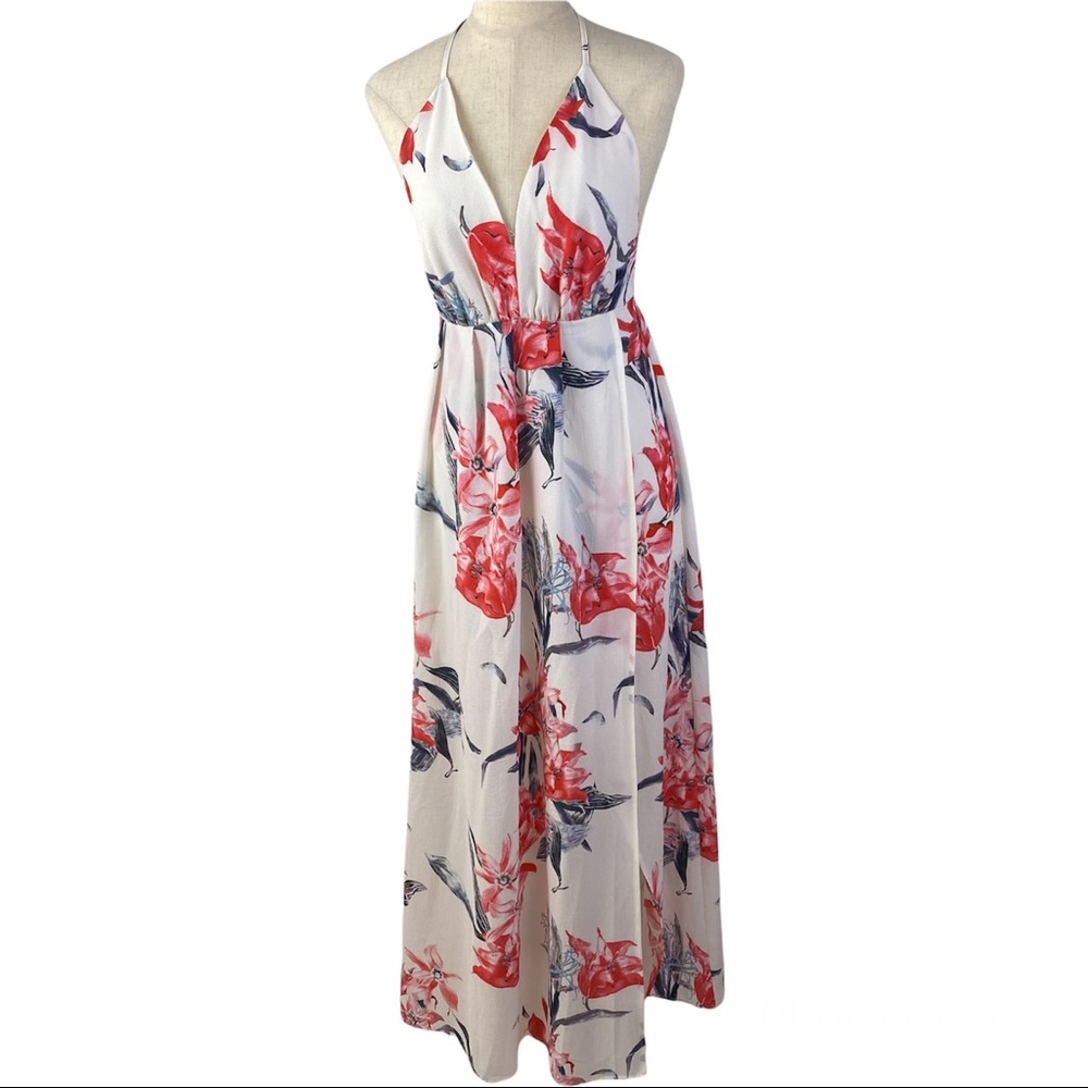 Simplee Boho Floral Deep V Neck Backless Summer Long Dress